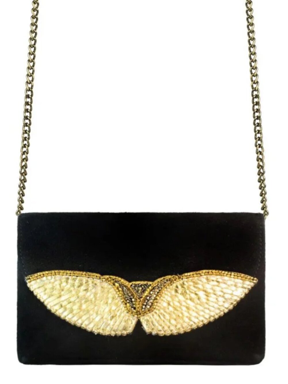 Nahua Aku Hand Embroidered Leather Clutch with Gold Chain